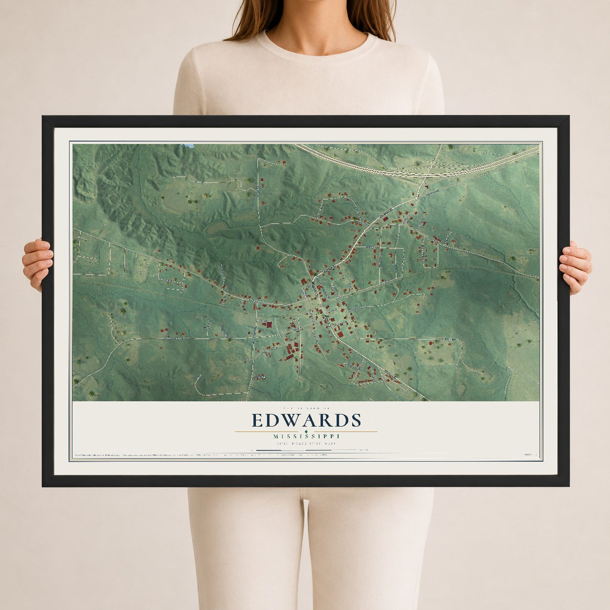 Map of Edwards, Mississippi, 24 x 36 inch print in a black wood frame