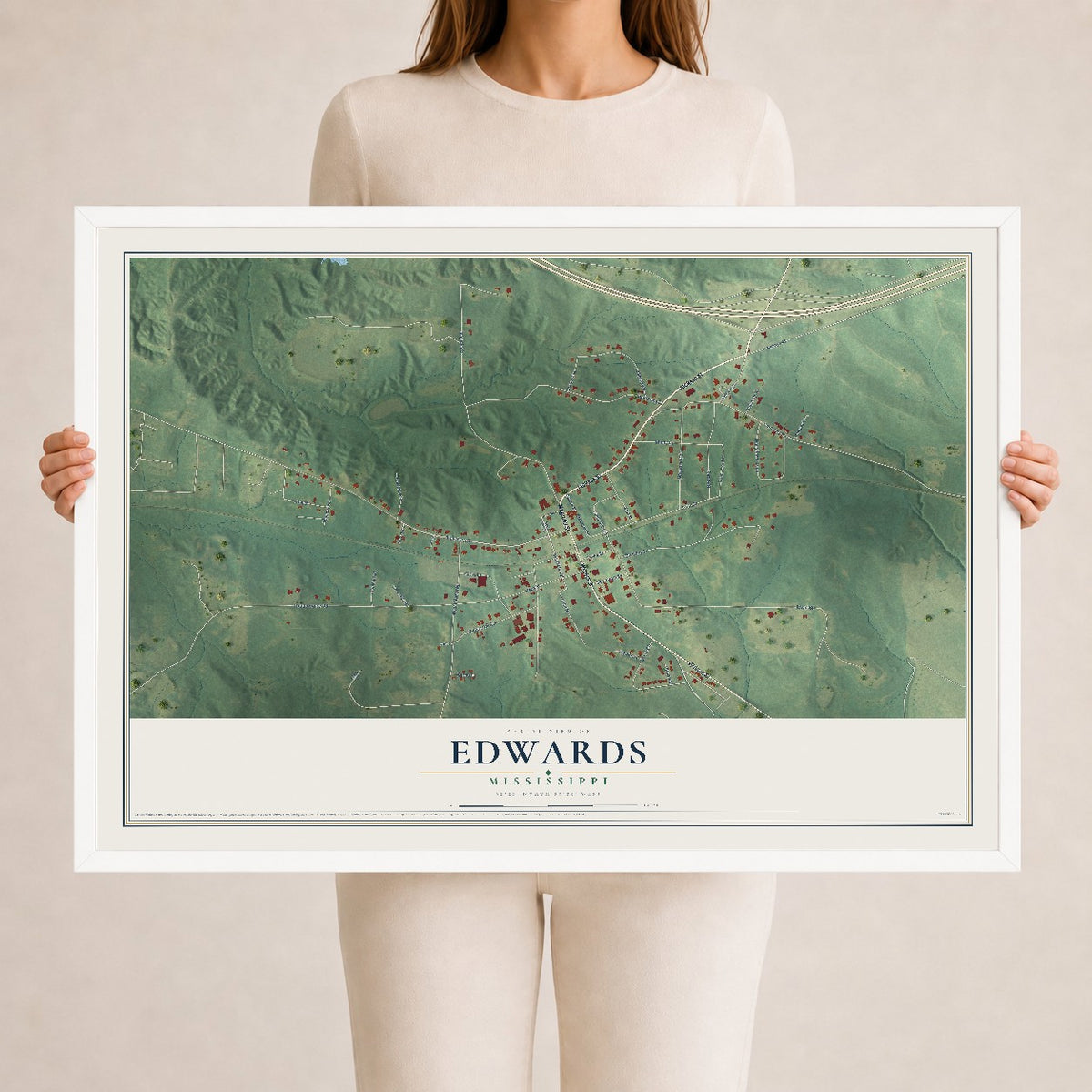 Map of Edwards, Mississippi, 24 x 36 inch print in a white wood frame