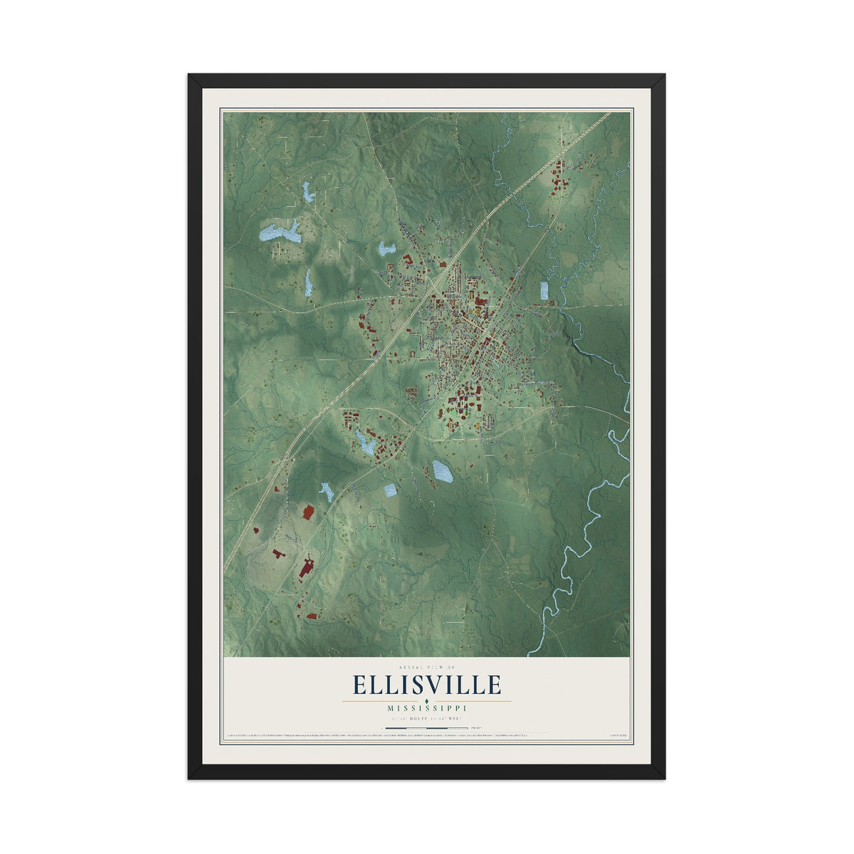 Map of Ellisville, Mississippi, 12 x 18 inch print in a black wood frame