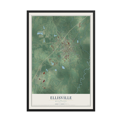 Map of Ellisville, Mississippi, 12 x 18 inch print in a black wood frame
