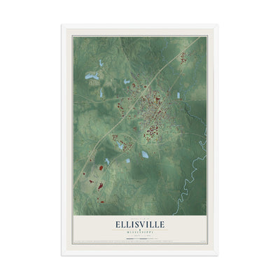 Map of Ellisville, Mississippi, 12 x 18 inch print in a white wood frame