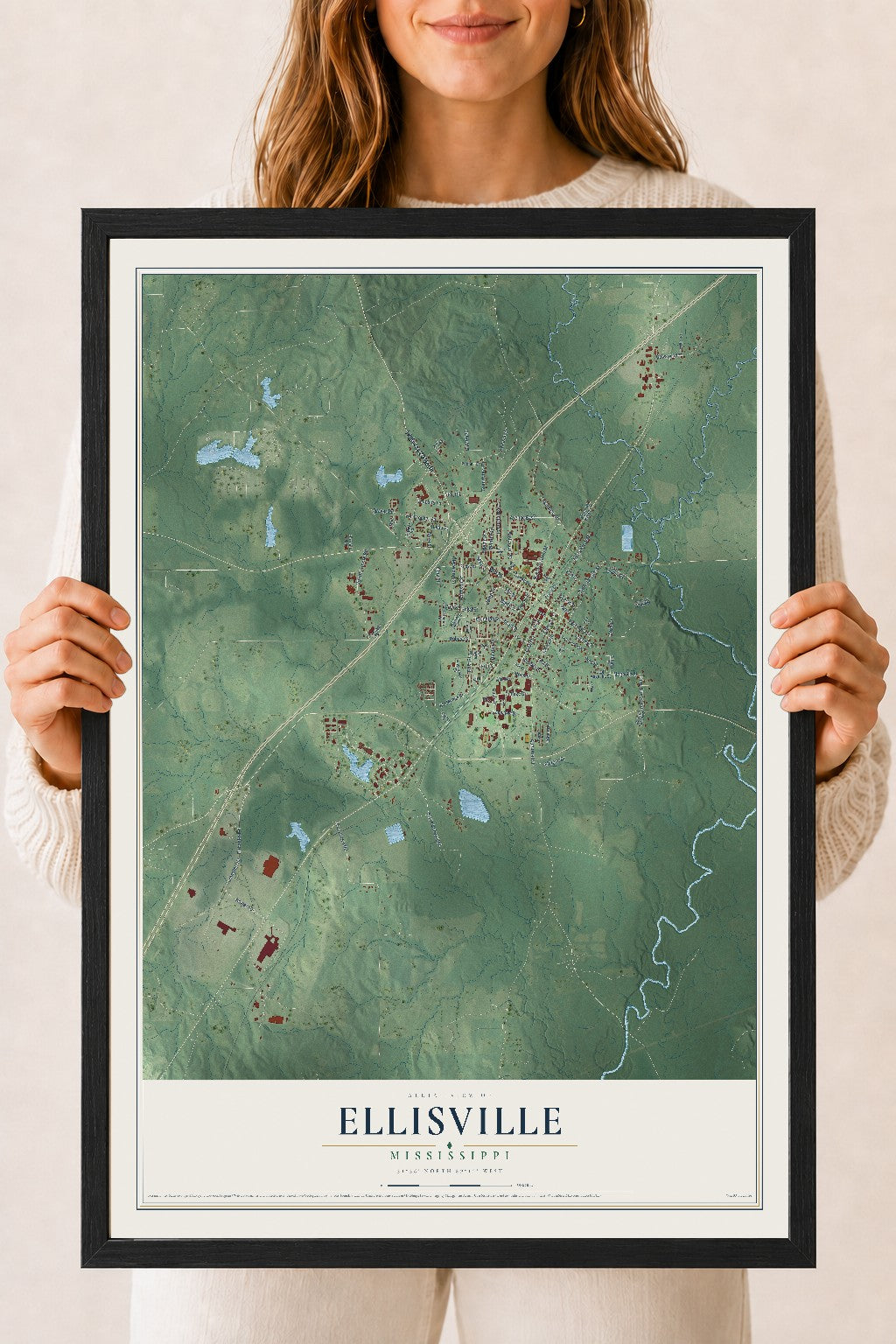 Map of Ellisville, Mississippi, 18 x 24 inch print in a black wood frame