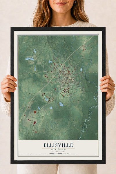 Map of Ellisville, Mississippi, 18 x 24 inch print in a black wood frame