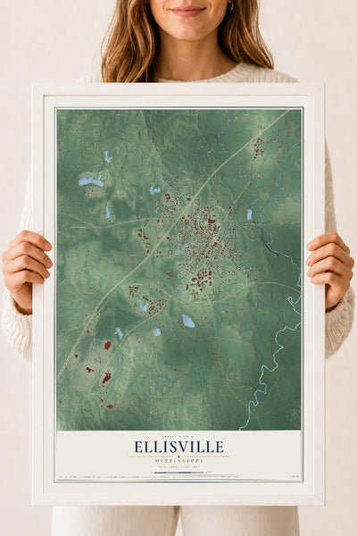 Map of Ellisville, Mississippi, 18 x 24 inch print in a white wood frame