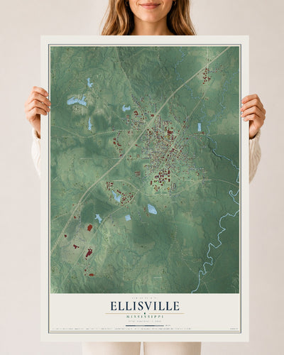 Map of Ellisville, Mississippi, 24 x 36 inch unframed archival matte print
