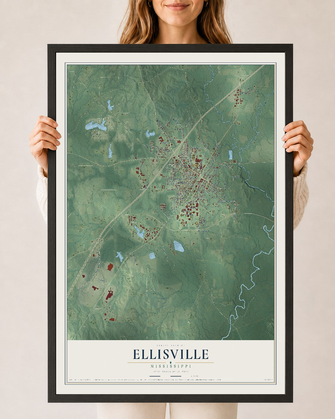 Map of Ellisville, Mississippi, 24 x 36 inch print in a black wood frame