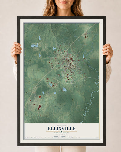 Map of Ellisville, Mississippi, 24 x 36 inch print in a black wood frame