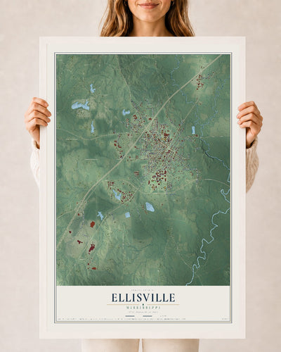 Map of Ellisville, Mississippi, 24 x 36 inch print in a white wood frame