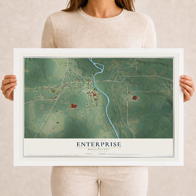 Map of Enterprise, Mississippi, 12 x 18 inch print in a white wood frame