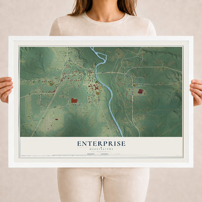 Map of Enterprise, Mississippi, 18 x 24 inch print in a white wood frame