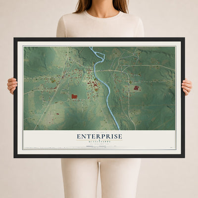 Map of Enterprise, Mississippi, 24 x 36 inch print in a black wood frame