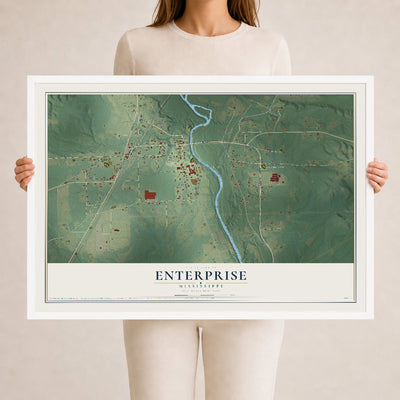 Map of Enterprise, Mississippi, 24 x 36 inch print in a white wood frame
