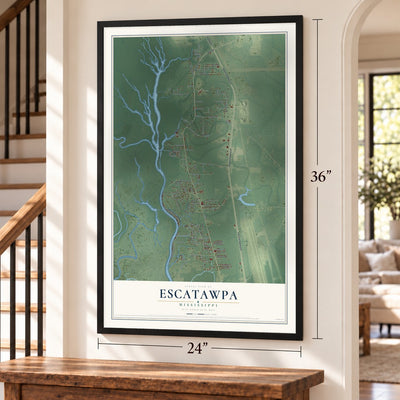 Escatawpa, Mississippi map, 24 x 36 inch print in a black frame by a staircase