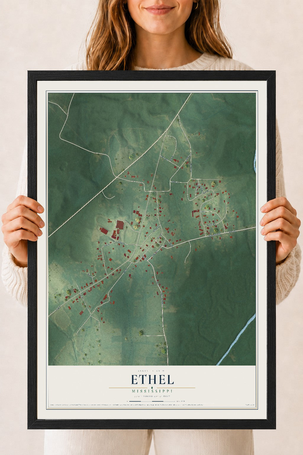 Map of Ethel, Mississippi, 18 x 24 inch print in a black wood frame