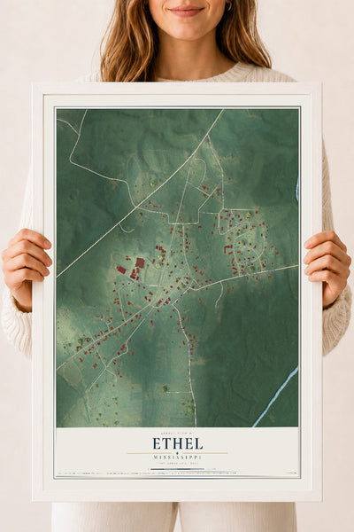 Map of Ethel, Mississippi, 18 x 24 inch print in a white wood frame