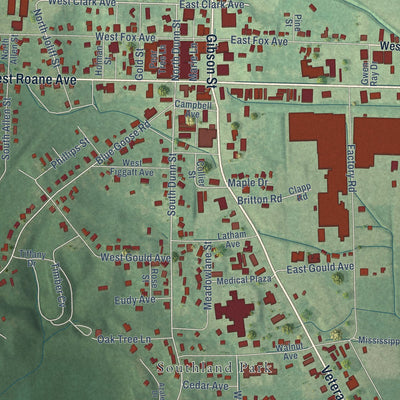 Close-up of the map of Eupora, Mississippi print showing street and building detail