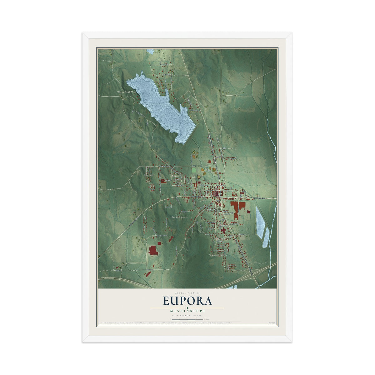 Map of Eupora, Mississippi, 12 x 18 inch print in a white wood frame