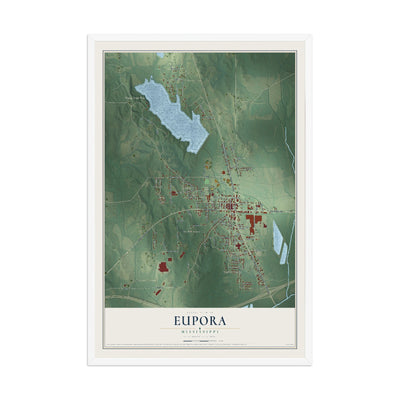 Map of Eupora, Mississippi, 12 x 18 inch print in a white wood frame