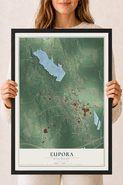 Map of Eupora, Mississippi, 18 x 24 inch print in a black wood frame