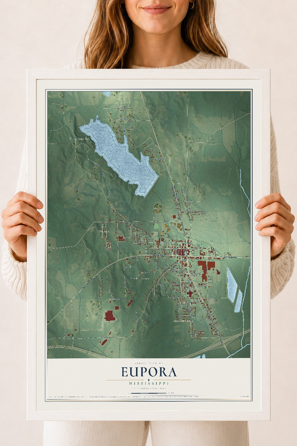 Map of Eupora, Mississippi, 18 x 24 inch print in a white wood frame
