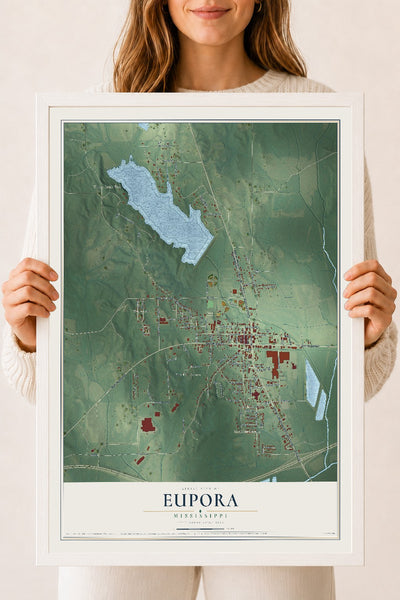 Map of Eupora, Mississippi, 18 x 24 inch print in a white wood frame