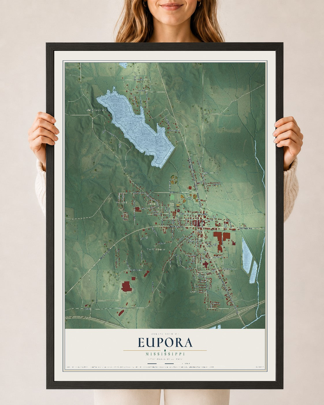 Map of Eupora, Mississippi, 24 x 36 inch print in a black wood frame