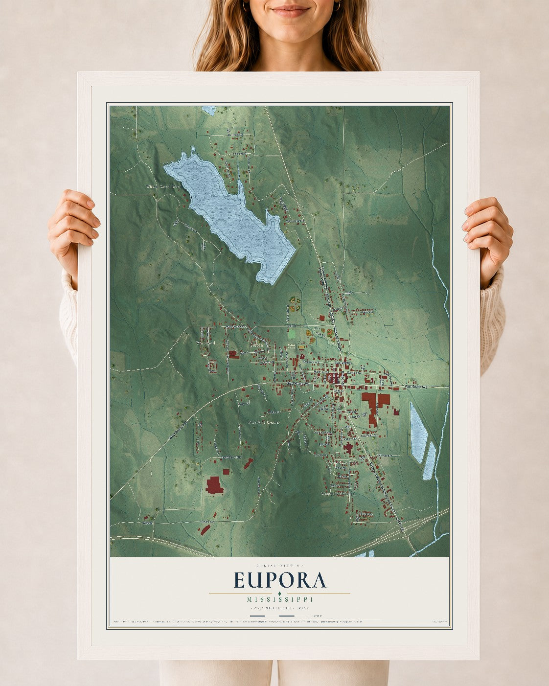 Map of Eupora, Mississippi, 24 x 36 inch print in a white wood frame