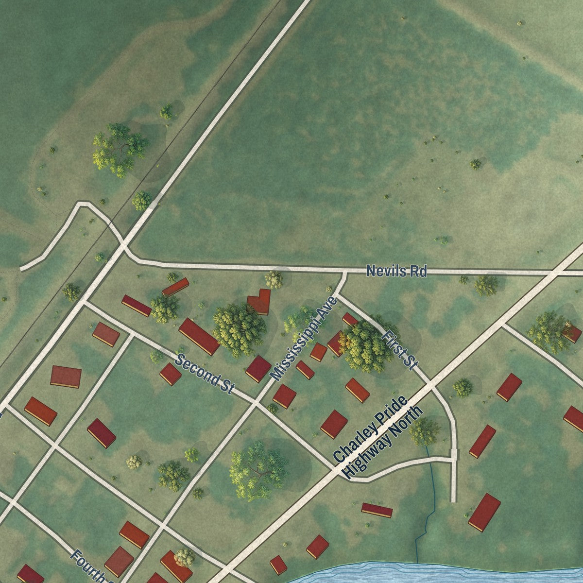 Close-up of the map of Falcon, Mississippi print showing street and building detail