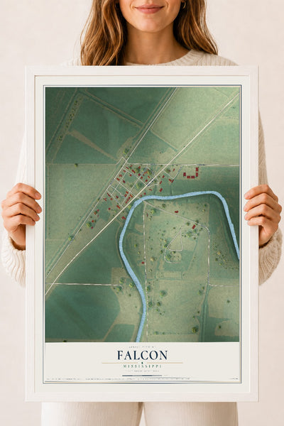Map of Falcon, Mississippi, 18 x 24 inch print in a white wood frame