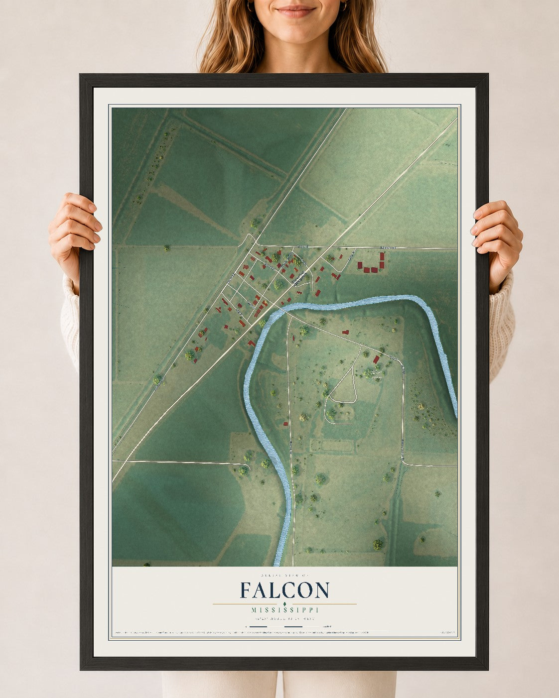 Map of Falcon, Mississippi, 24 x 36 inch print in a black wood frame