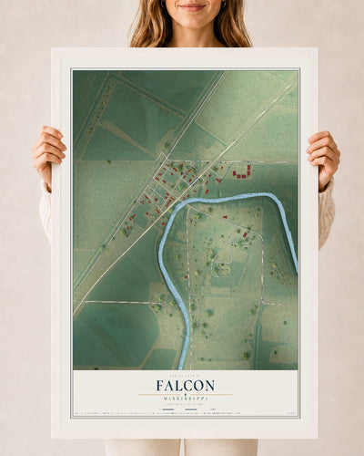 Map of Falcon, Mississippi, 24 x 36 inch print in a white wood frame