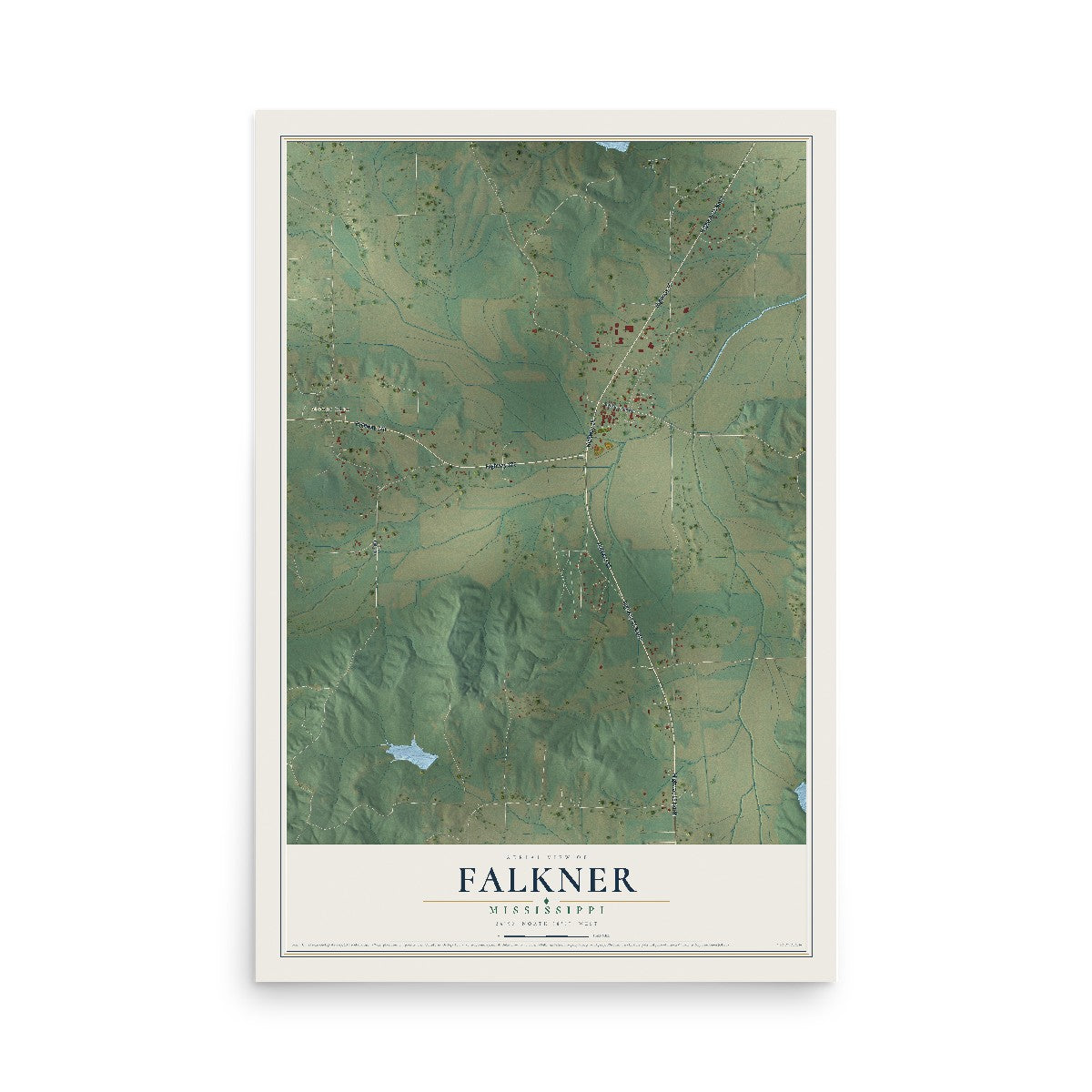 Map of Falkner, Mississippi, 12 x 18 inch unframed archival matte print