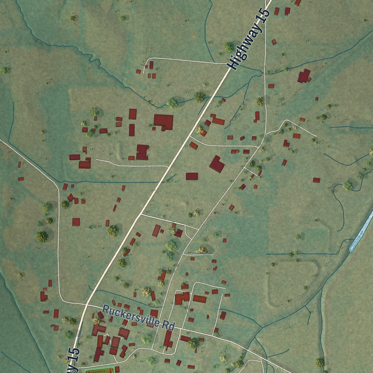 Close-up of the map of Falkner, Mississippi print showing street and building detail