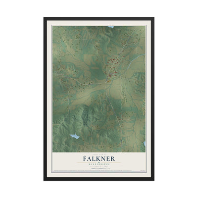 Map of Falkner, Mississippi, 12 x 18 inch print in a black wood frame