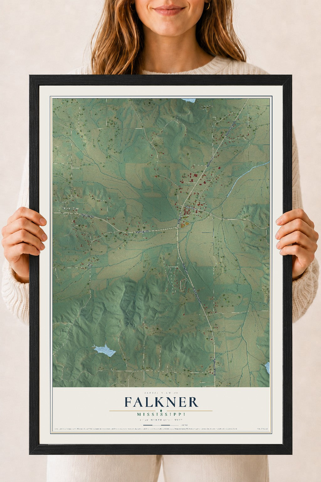 Map of Falkner, Mississippi, 18 x 24 inch print in a black wood frame