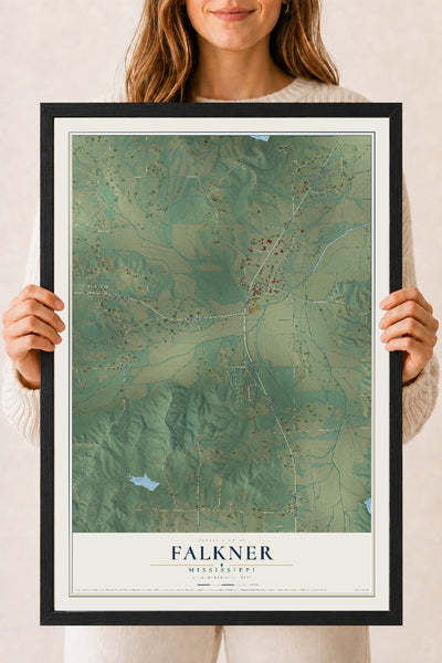 Map of Falkner, Mississippi, 18 x 24 inch print in a black wood frame