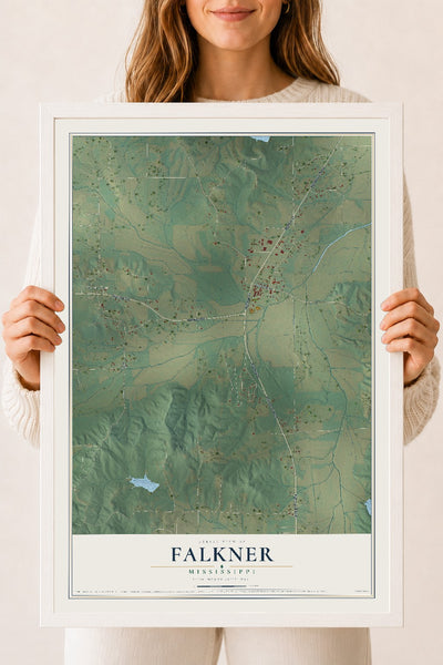Map of Falkner, Mississippi, 18 x 24 inch print in a white wood frame