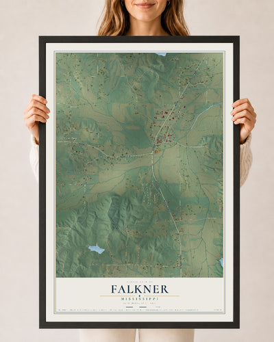 Map of Falkner, Mississippi, 24 x 36 inch print in a black wood frame