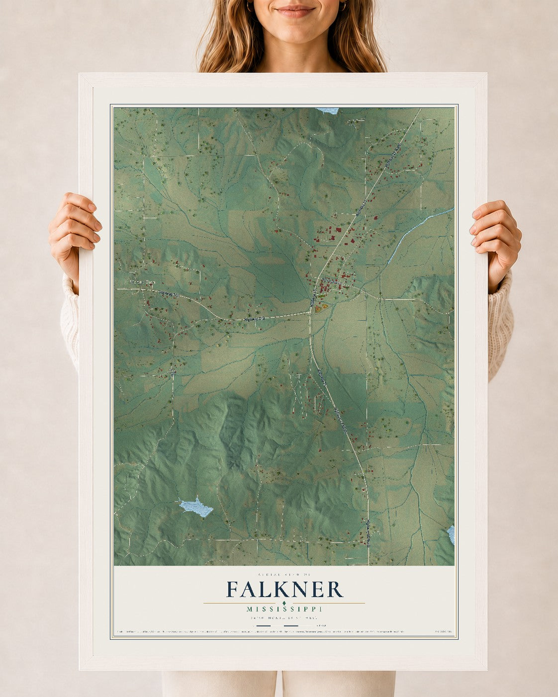 Map of Falkner, Mississippi, 24 x 36 inch print in a white wood frame