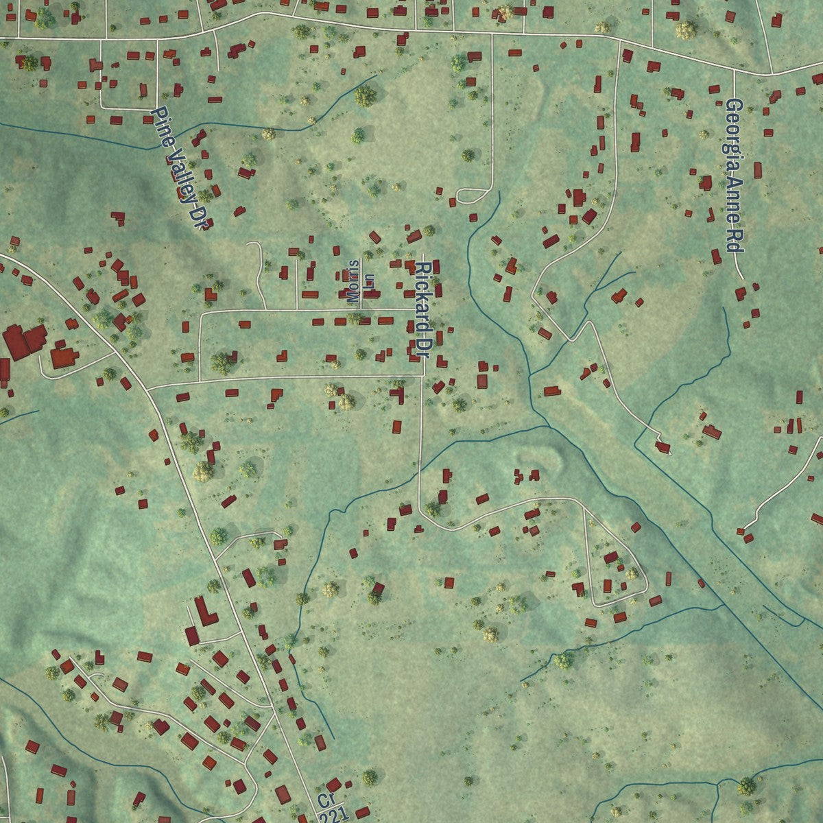 Close-up of the map of Farmington, Mississippi print showing street and building detail