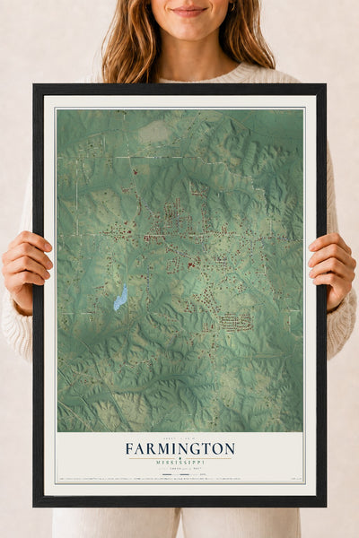 Map of Farmington, Mississippi, 18 x 24 inch print in a black wood frame