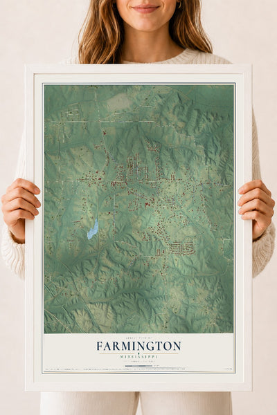Map of Farmington, Mississippi, 18 x 24 inch print in a white wood frame