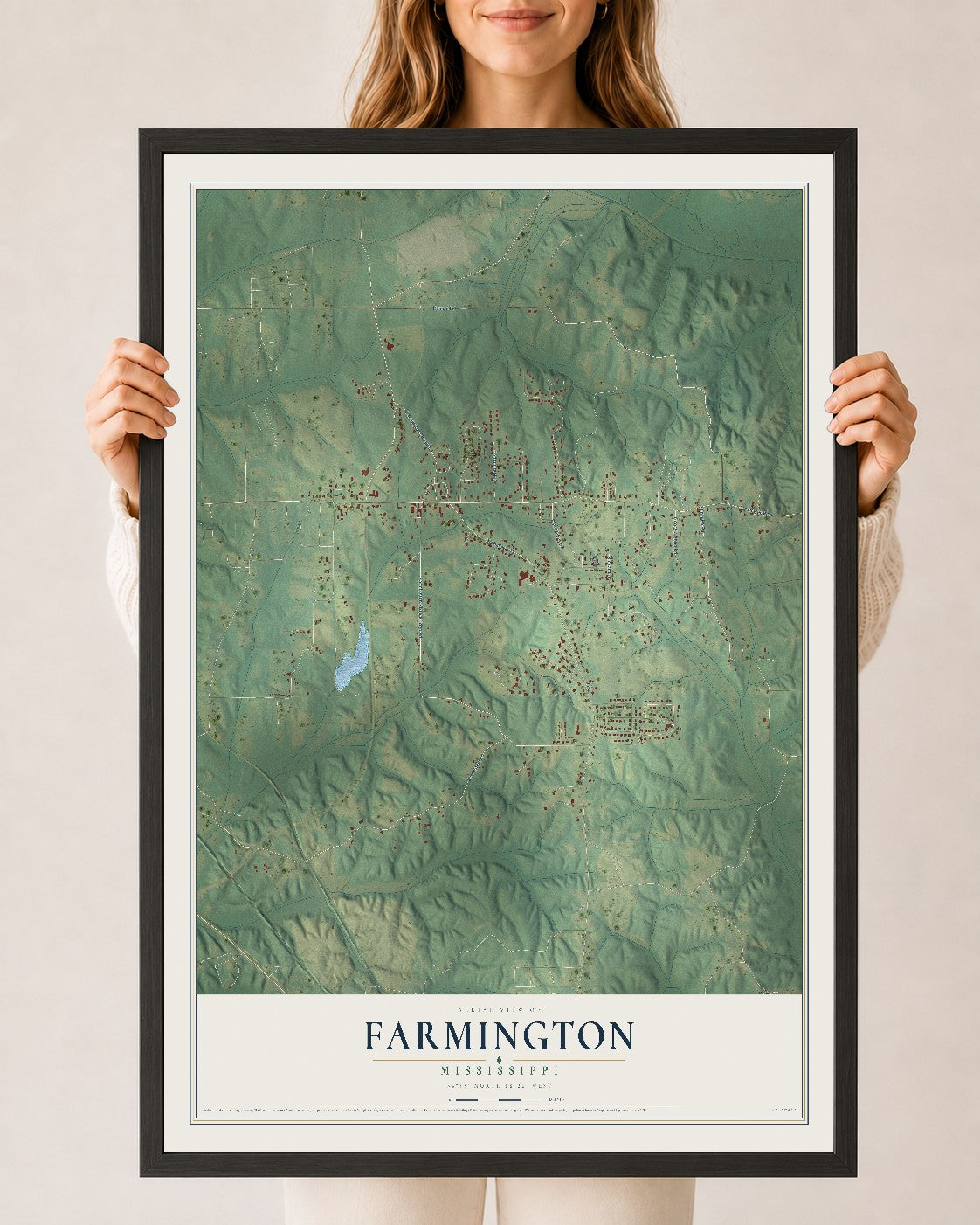 Map of Farmington, Mississippi, 24 x 36 inch print in a black wood frame