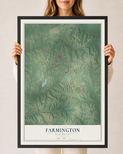 Map of Farmington, Mississippi, 24 x 36 inch print in a black wood frame