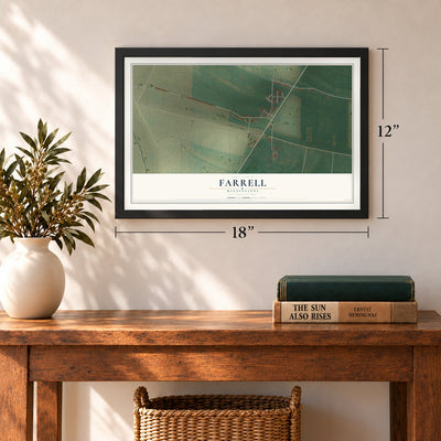 Farrell, Mississippi map, 12 x 18 inch print in a black frame in an entryway