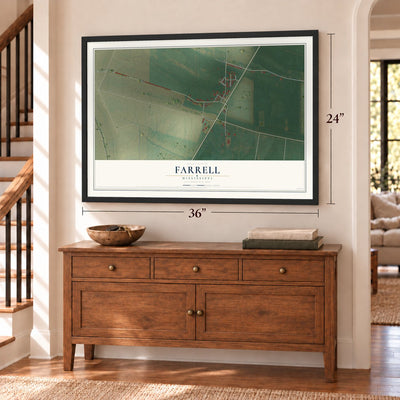 Farrell, Mississippi map, 24 x 36 inch print in a black frame above a dresser by a staircase