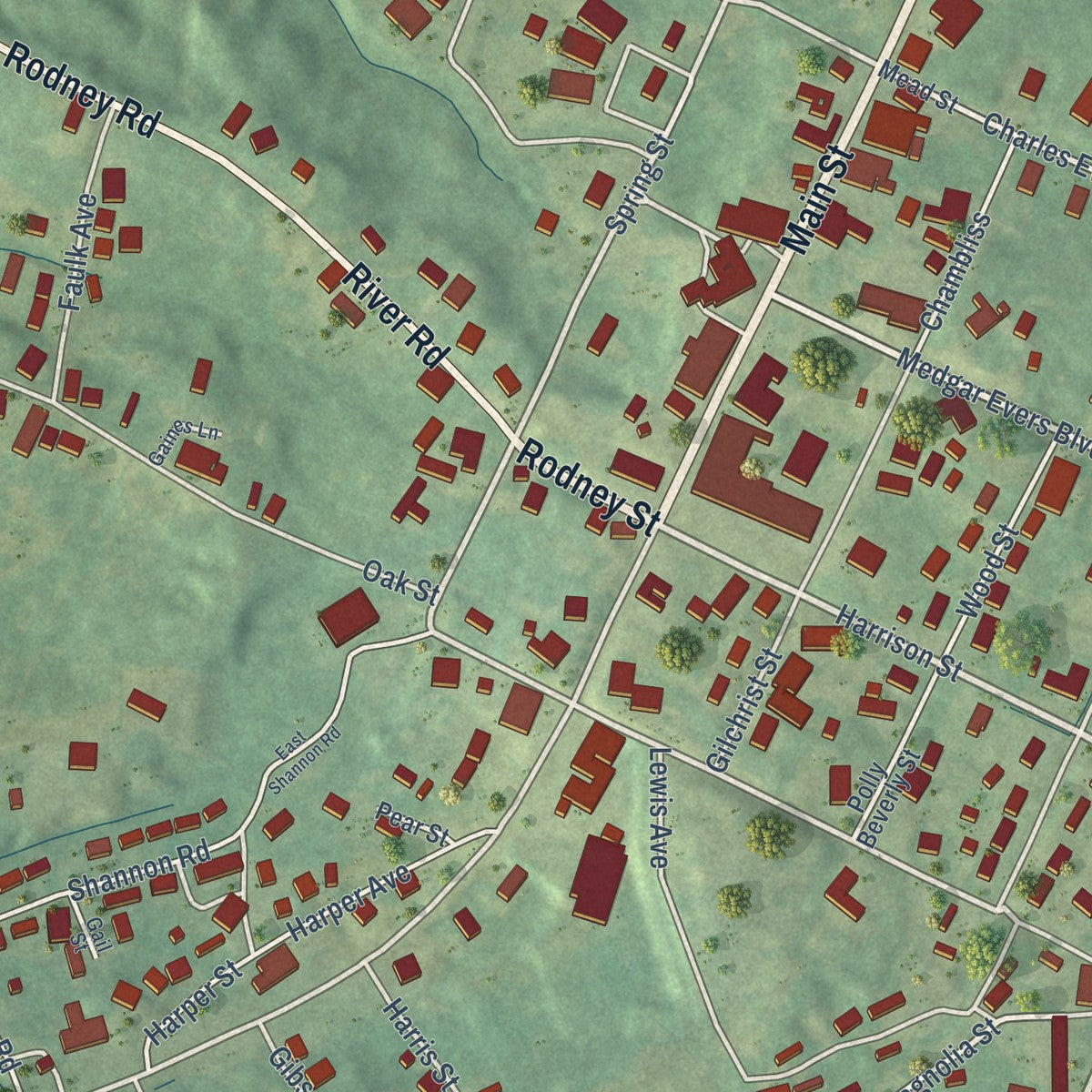 Close-up of the map of Fayette, Mississippi print showing street and building detail