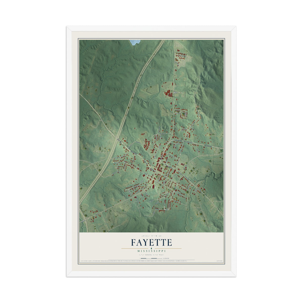 Map of Fayette, Mississippi, 12 x 18 inch print in a white wood frame