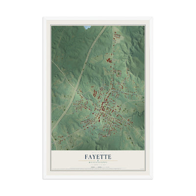 Map of Fayette, Mississippi, 12 x 18 inch print in a white wood frame