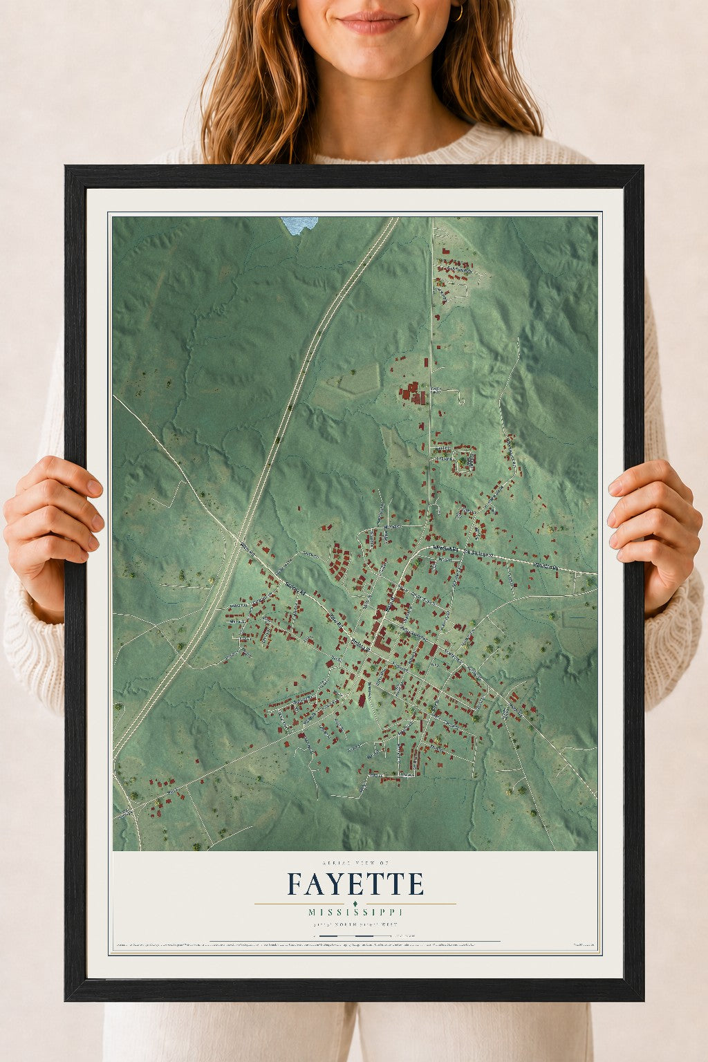 Map of Fayette, Mississippi, 18 x 24 inch print in a black wood frame